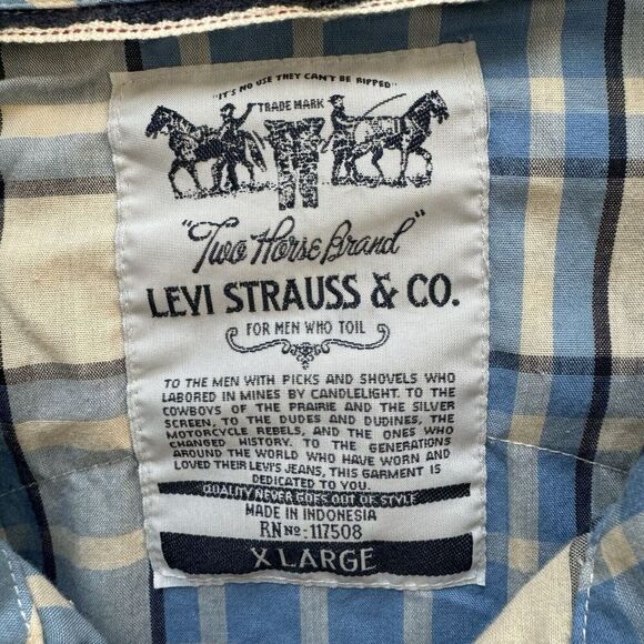 Levi's Western Shirt Adult XL Blue White Plaid Pearl Snap Short Sleeve Men's - Picture 3 of 6